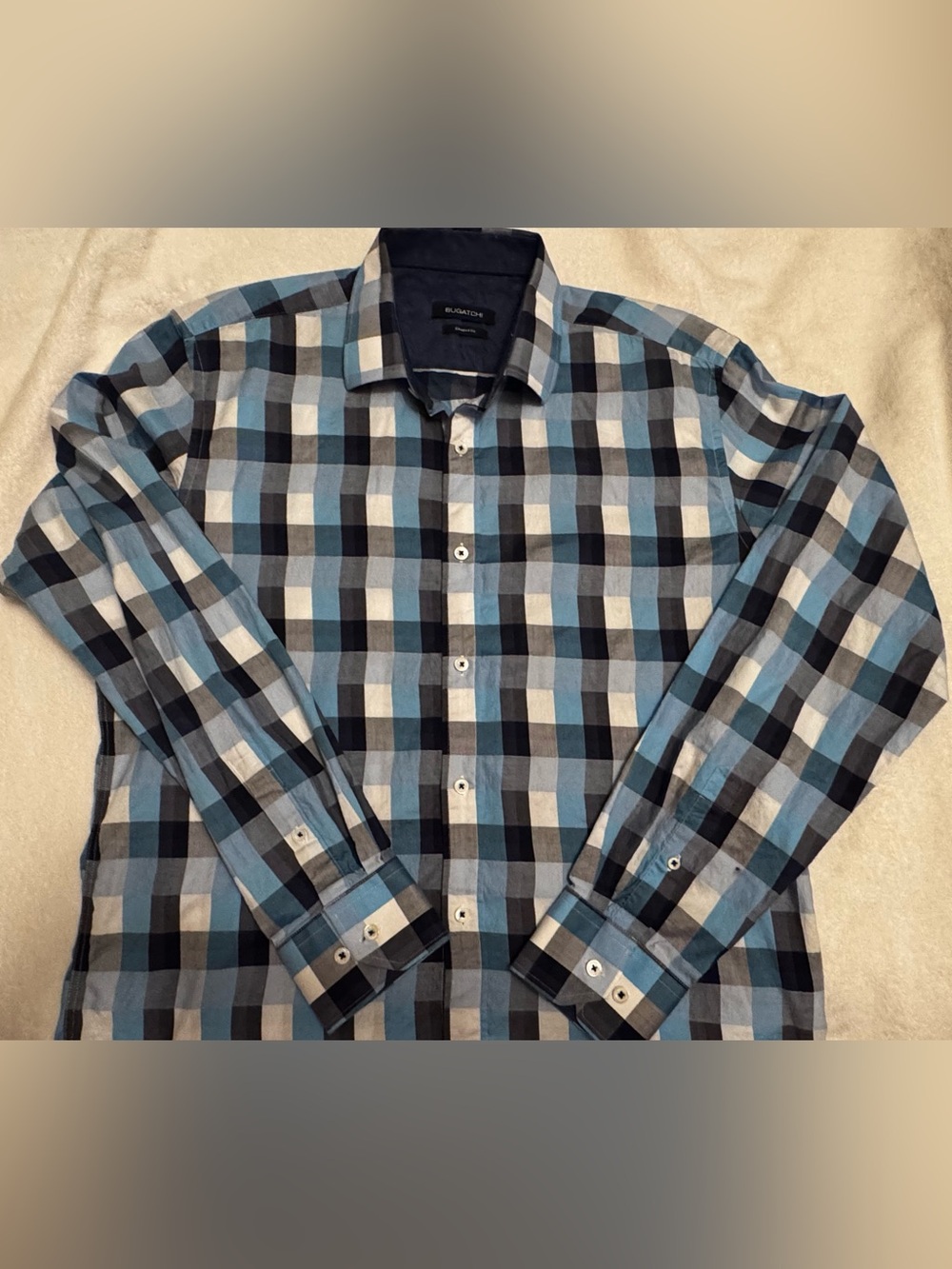 Bugatchi Men's Light Blue Black and White Check Button-Down Shirt